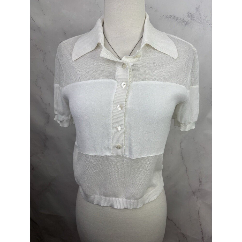 STAUD Short Sleeve Polo Mesh Top Blouse Women XS White Cropped Preppy Retro - Picture 5 of 16
